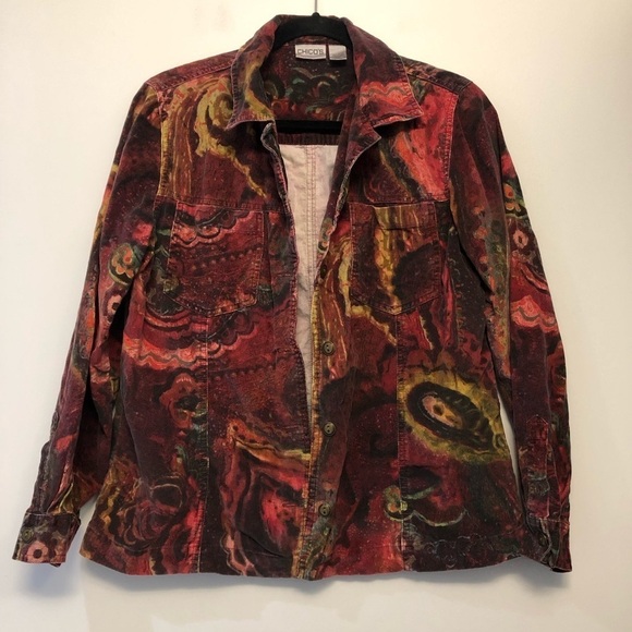 Chico’s Red Patterned Corduroy Button Down Shirt - Picture 3 of 6